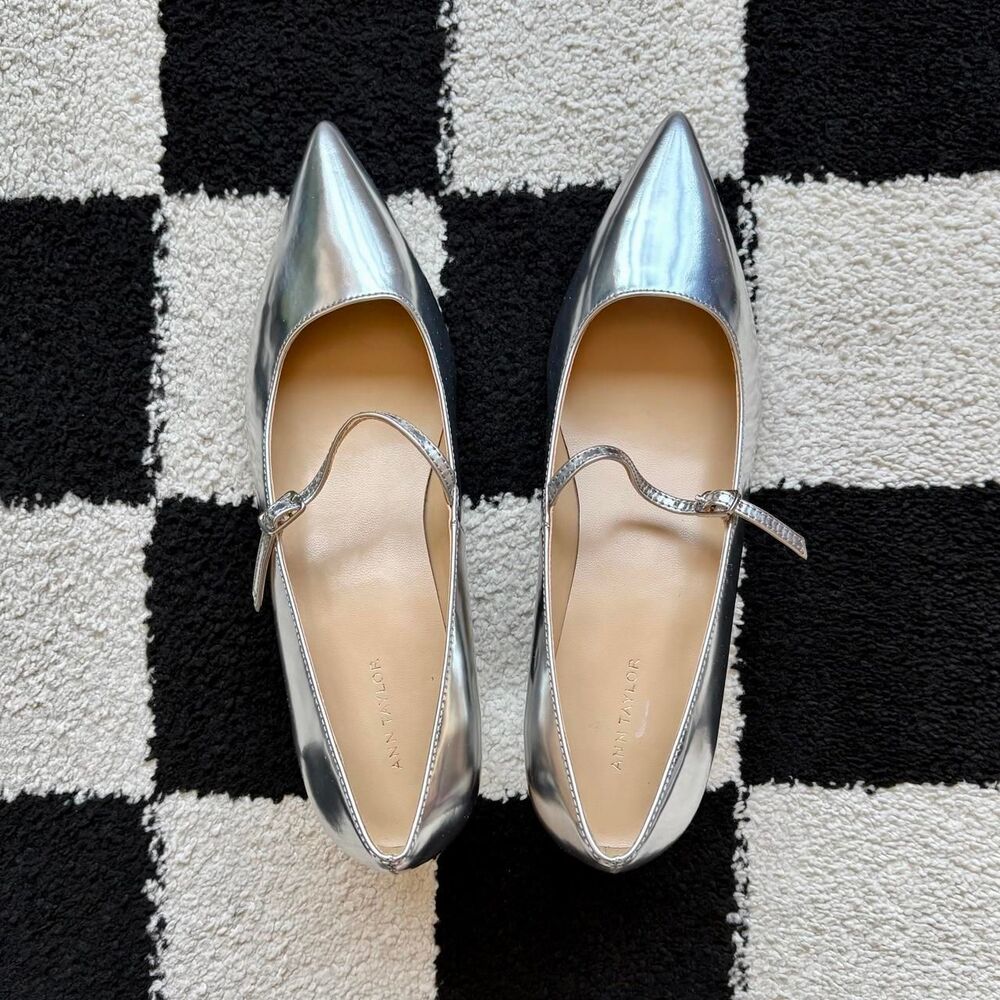 Ann Taylor Silver Mary Jane Block Heels Pointed Toe 6